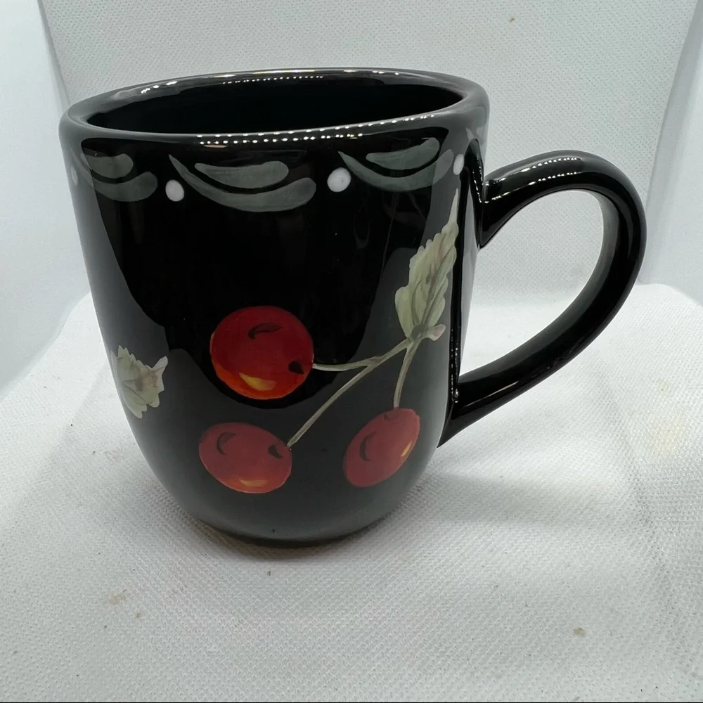 Laurie Gates Black Cherry Blossom Coffee Mugs Cups (set of 2)